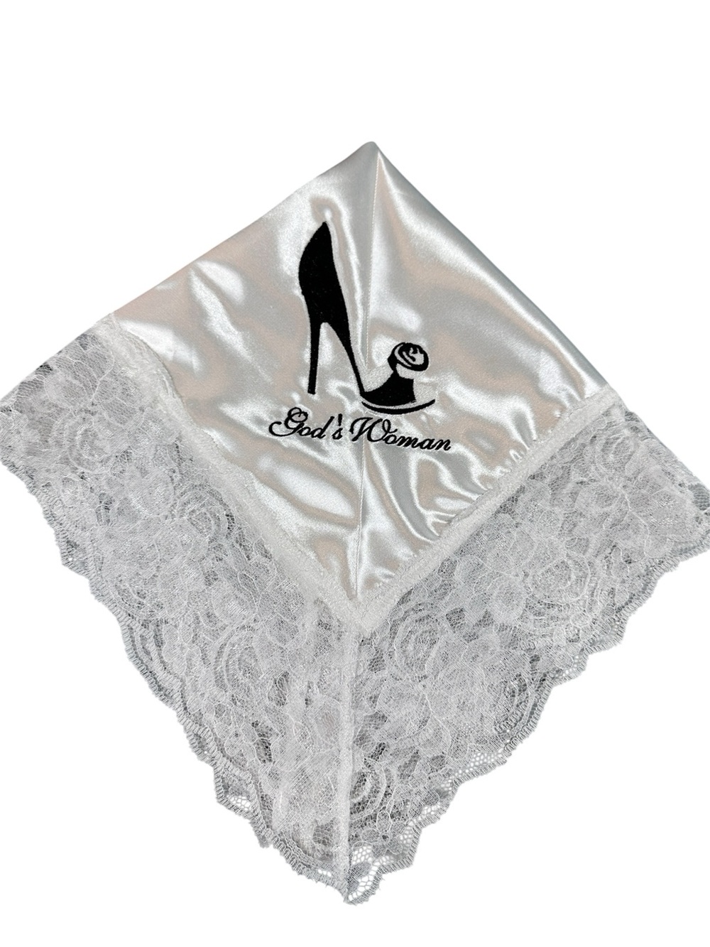 White Satin Embroidered Church Handkerchief with White Lace Trim